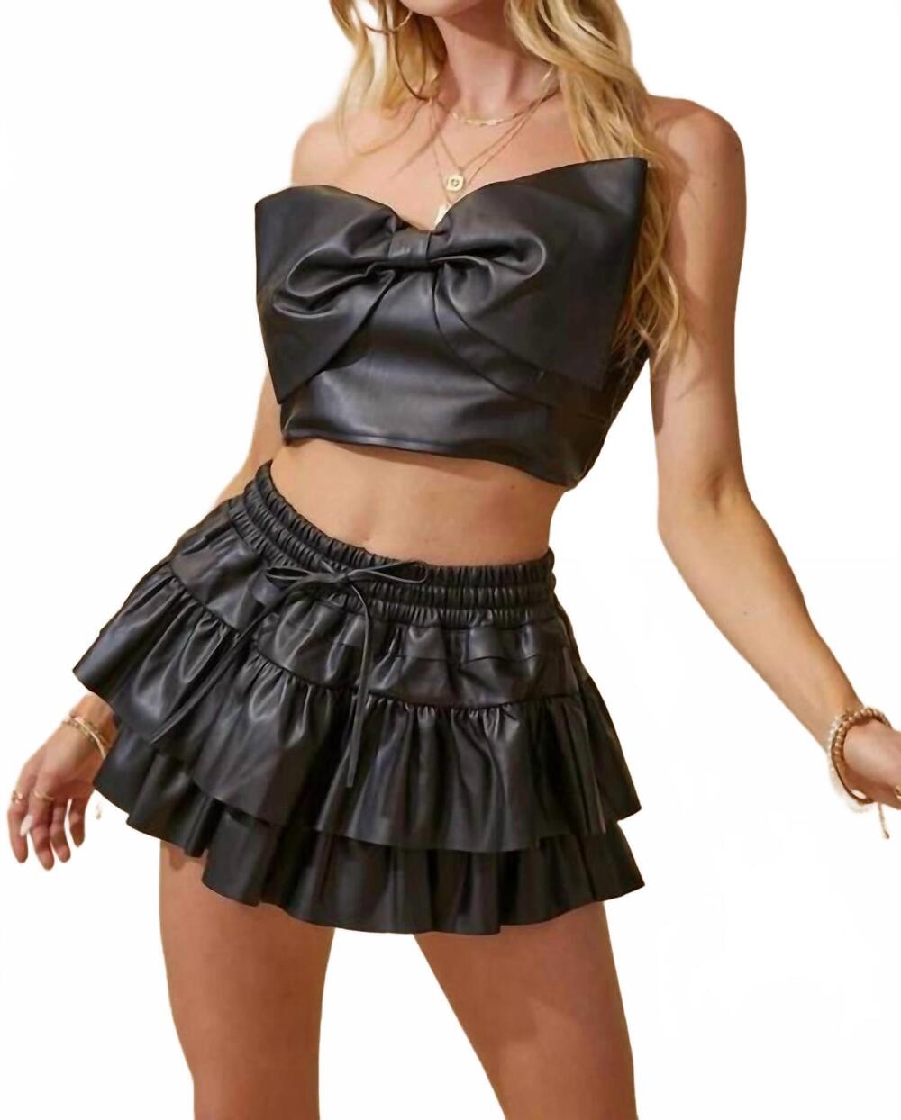 NEW DAY + MOON faux leather strapless bow top in black